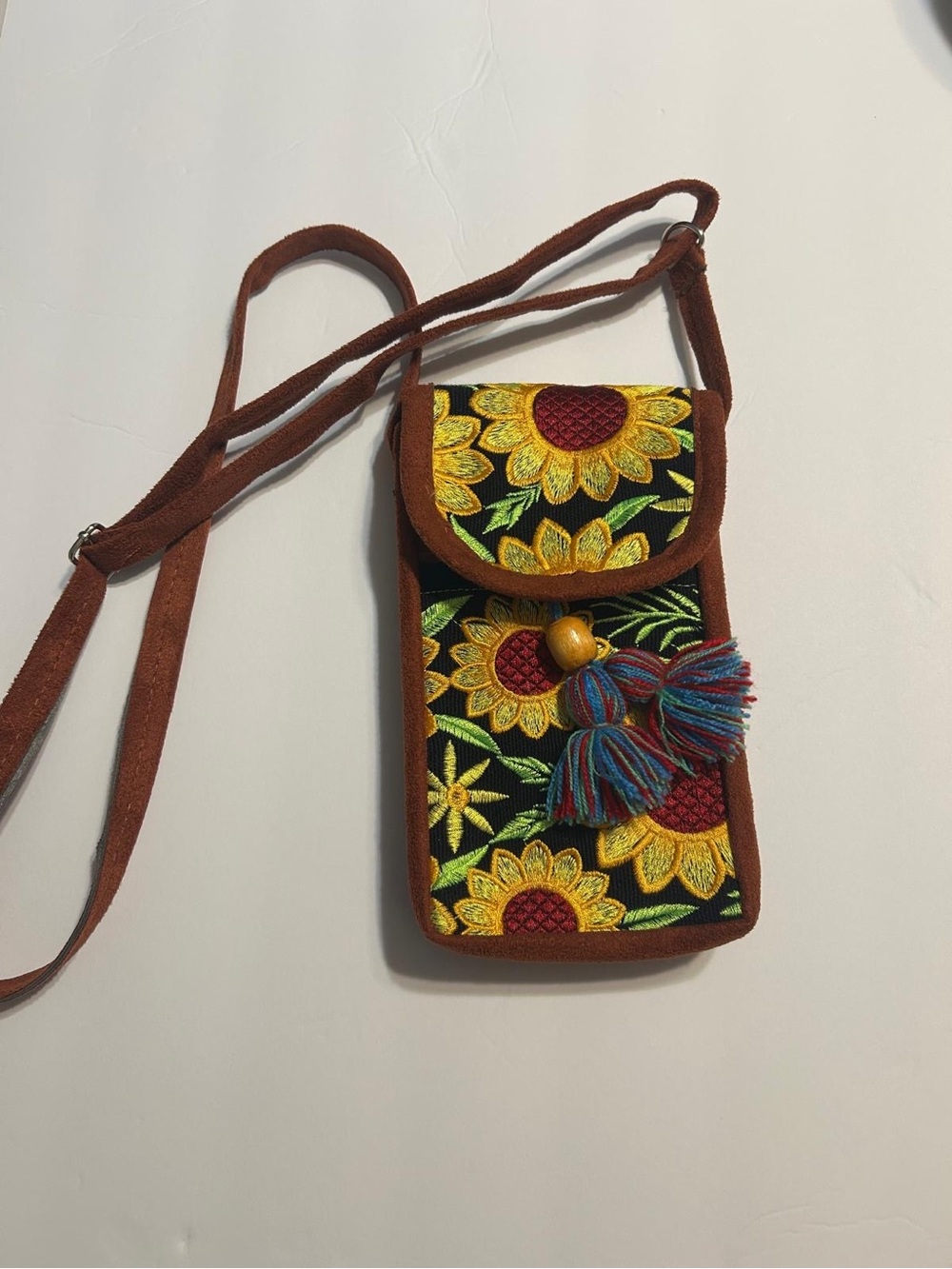 Sunflower Embroidered Crossbody Phone Pouch - Brown